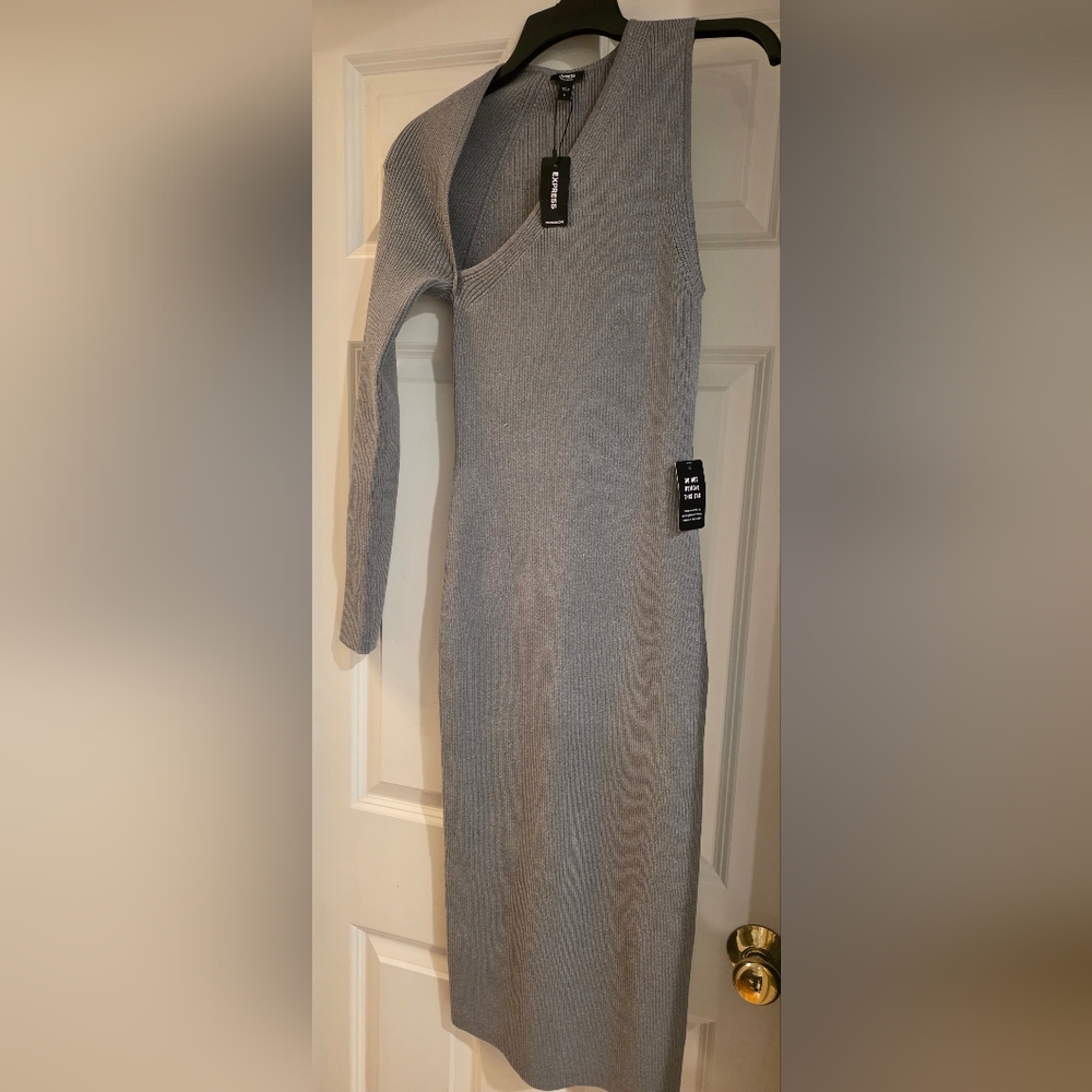 Express Ribbed Long Sleeve Bodycon Dress - Gray Size M